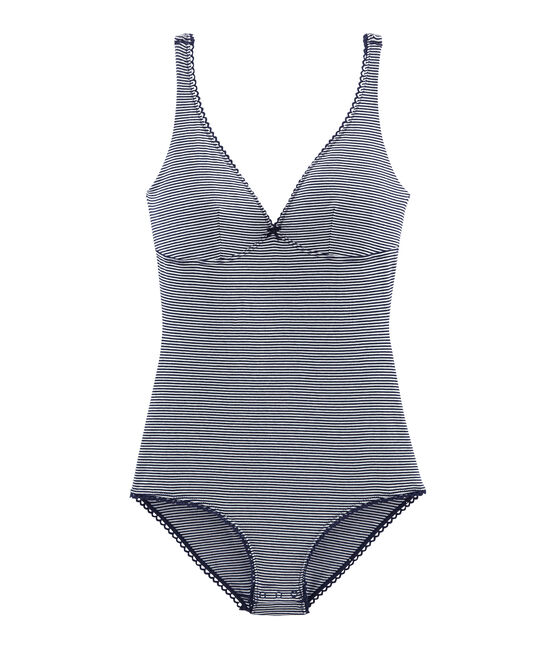 Women's sleeveless bodysuit in extra fine jersey ABYSSE blue/LAIT white