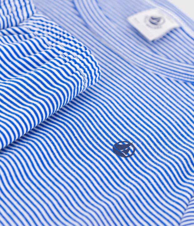 Children's short stripy cotton pyjamas blue/white