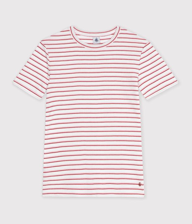 Women's short-sleeved stripy cotton T-shirt white/red