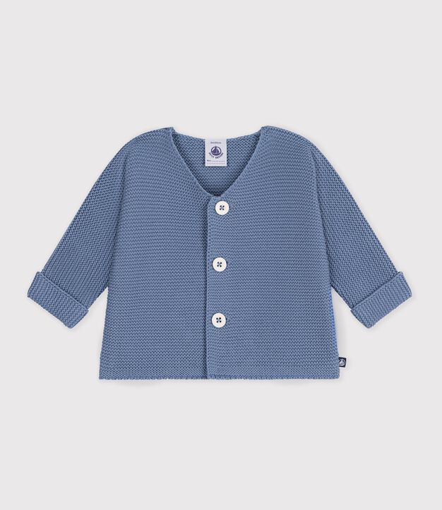 Baby cardigan knitted in garter stitch in plain cotton blue