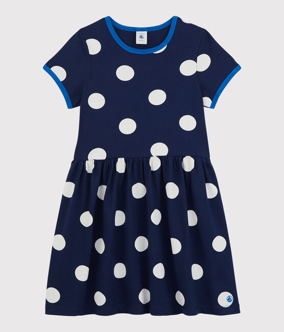 Girls' Short-Sleeved Cotton Dress MEDIEVAL blue/MARSHMALLOW white