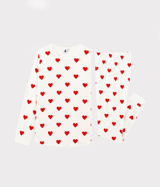 Girls' or Women's Heart Print Ribbed Pyjamas MARSHMALLOW white/TERKUIT red