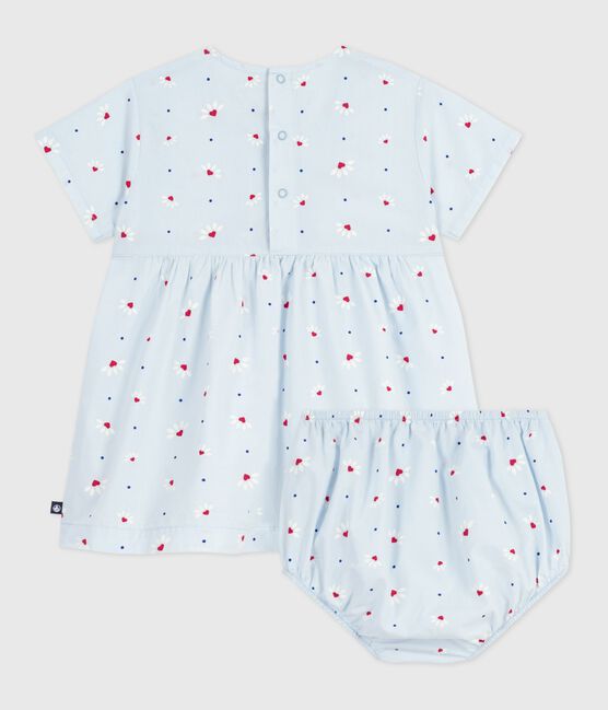 Babies' short-sleeved short printed cotton dress with matching bloomers FRAICHEUR blue/MULTICO white