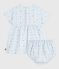 Babies' short-sleeved short printed cotton dress with matching bloomers FRAICHEUR blue/MULTICO white