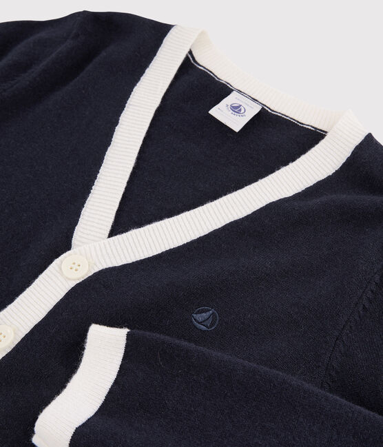 Boys' Wool and Cotton Cardigan SMOKING blue/MARSHMALLOW white
