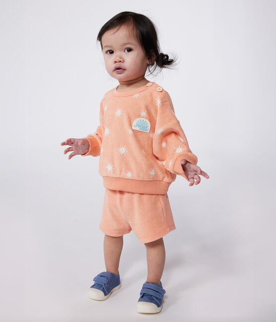 Babies' sun print cotton terry sweatshirt ABRICOT orange/MARSHMALLOW