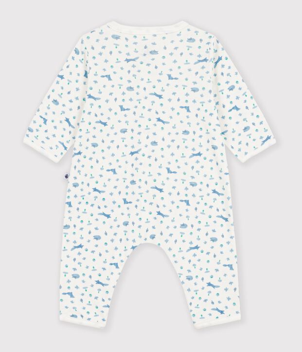Babies' footless fox-print cotton pyjama suit white/blue