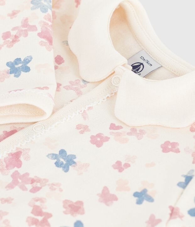 Babies' floral-print brushed fleece pyjamas with a petal collar Ecru/multicolor
