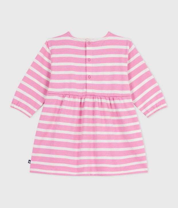 Babies' long-sleeved stripy cotton dress pink/ecru