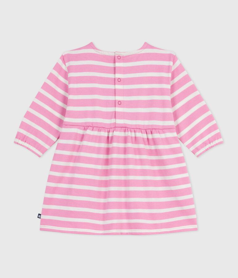 Babies' long-sleeved stripy cotton dress pink/ecru