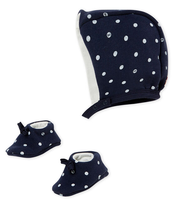 Baby girl's bonnet and slippers set SMOKING blue/MARSHMALLOW white