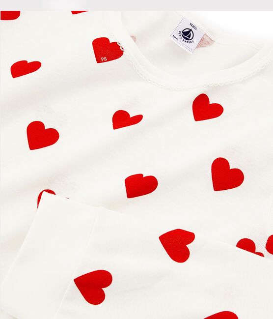 Girls' or Women's Heart Print Ribbed Pyjamas MARSHMALLOW white/TERKUIT red