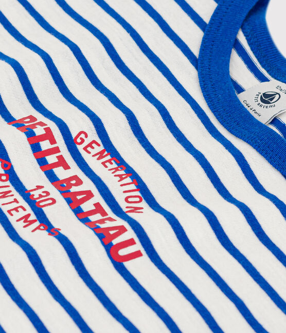 Babies' Stripy Cotton Short-Sleeved T-Shirt MARSHMALLOW white/PERSE blue