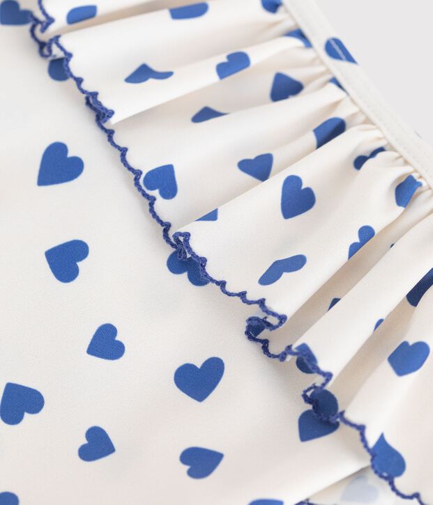 Children's one-piece heart print ruffled swimsuit. white/blue