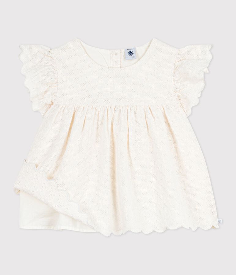 Children's short-sleeved cotton blouse with a heart pattern MARSHMALLOW white