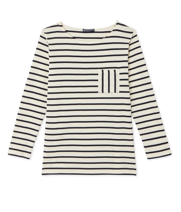 T-shirt femme manches longues en c&ocirc;te originale white/blue