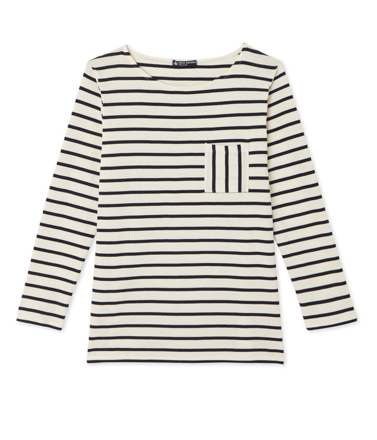 T-shirt femme manches longues en c&ocirc;te originale white/blue