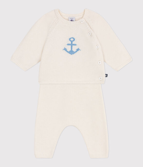 Babies' two-piece wool and cotton jacquard knit set MARSHMALLOW white