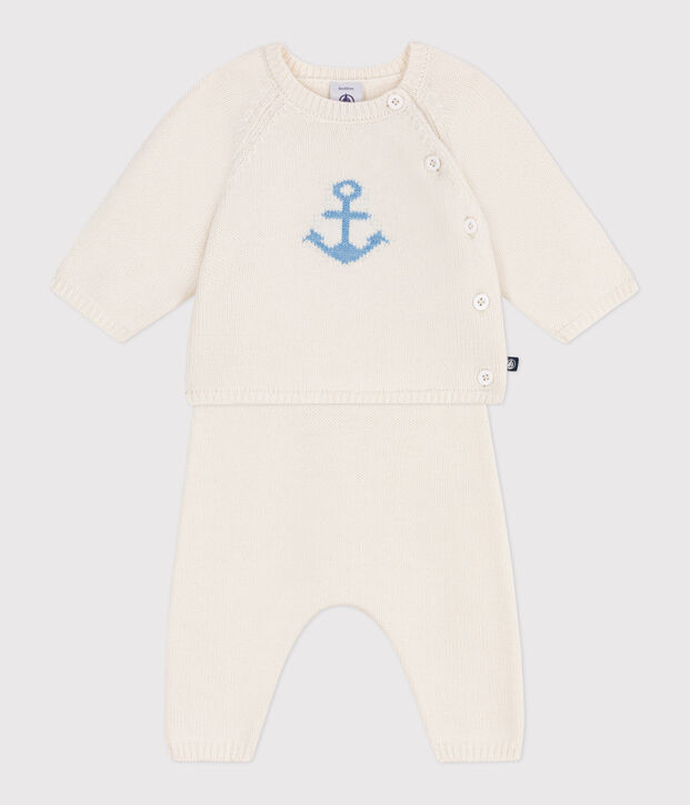 Babies' two-piece wool and cotton jacquard knit set white