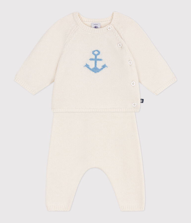 Babies' two-piece wool and cotton jacquard knit set white