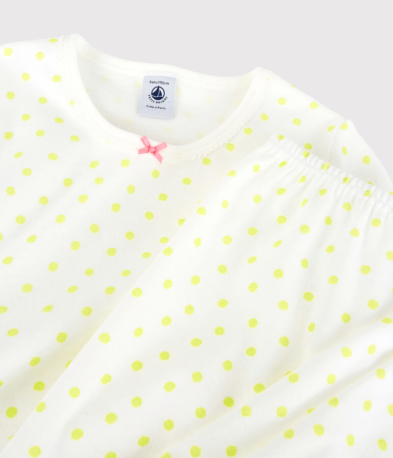 Girls' Yellow Spotted Fine Cotton Pyjamas MARSHMALLOW white/SUNNY