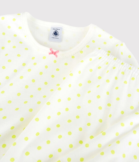 Girls' Yellow Spotted Fine Cotton Pyjamas MARSHMALLOW white/SUNNY
