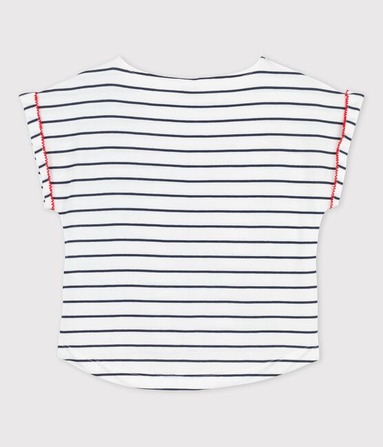 Girls' Short-Sleeved Cotton T-Shirt MARSHMALLOW white/SMOKING blue