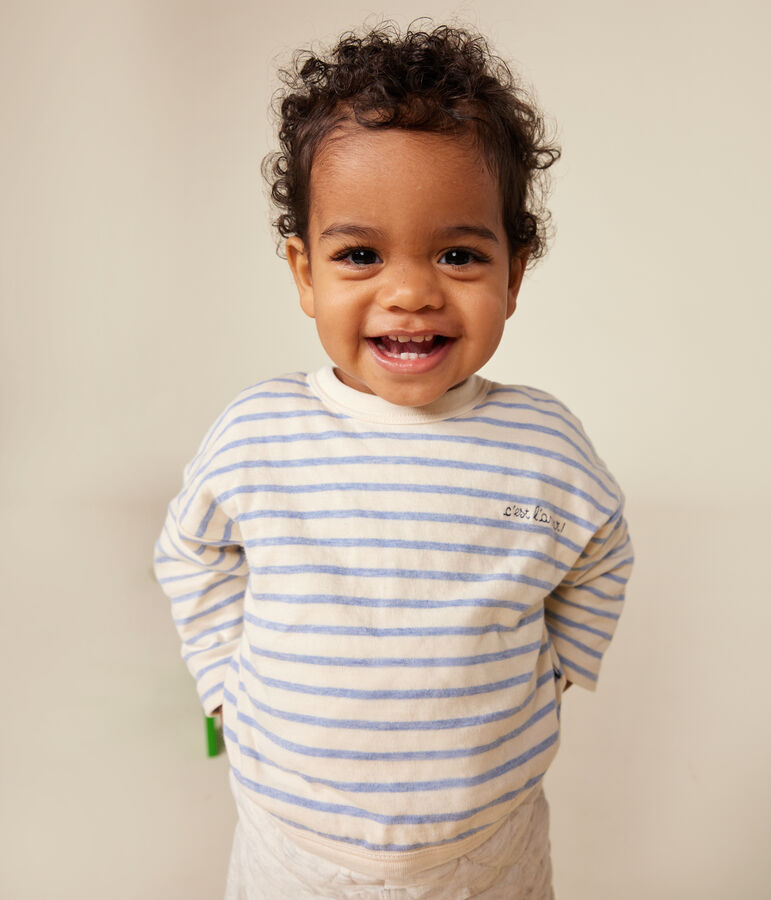 Babies' long-sleeved tube it T-shirt Ecru/blue