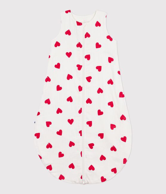 Babies' 1 TOG heart-patterned cotton sleeping bag MARSHMALLOW white/TERKUIT red