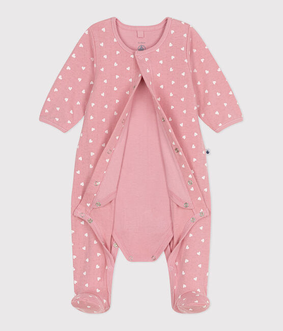 Babies' bodyjama in small heart print tube knit CHARME pink/MARSHMALLOW white