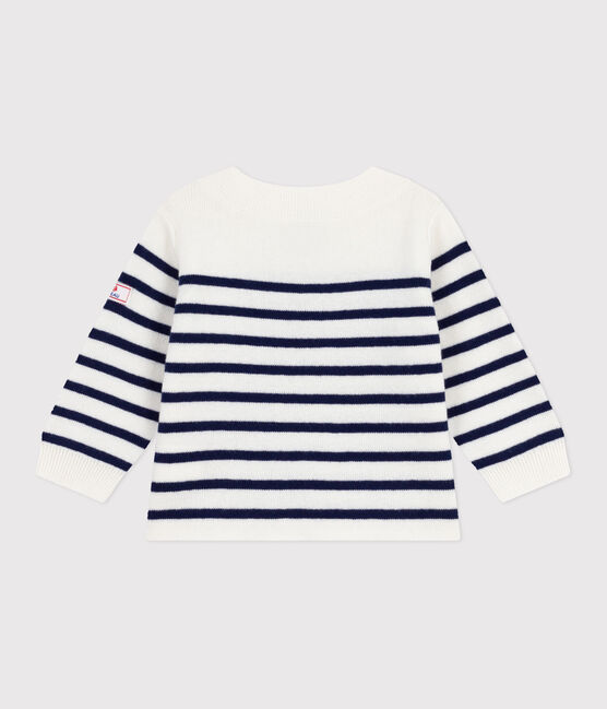Babies' stripy wool and cotton sailor-style jumper MARSHMALLOW blue/SOIR