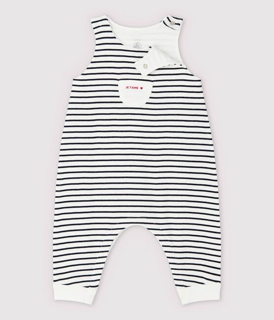 Babies' Stripy Organic Cotton Long Dungarees MARSHMALLOW white/SMOKING blue