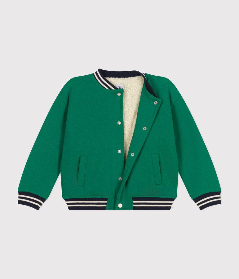 Boys' varsity jacket in fleece and sherpa green