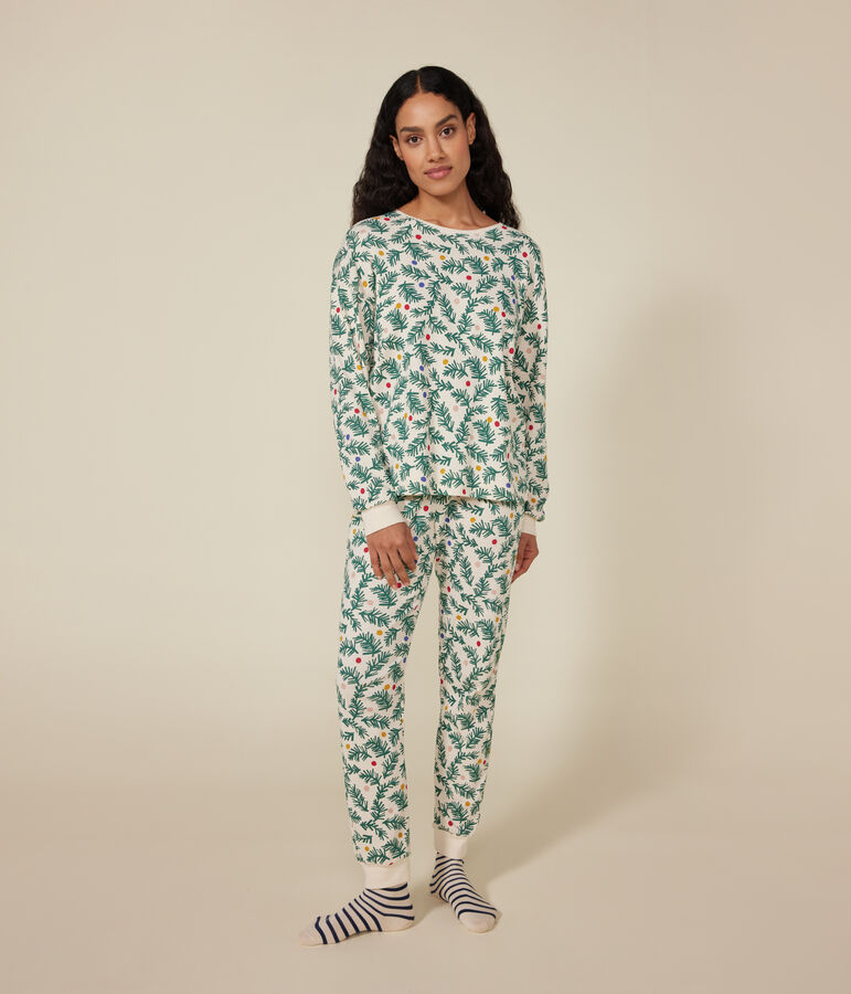 Women's Christmas tree print cotton pyjamas Ecru/multicolor
