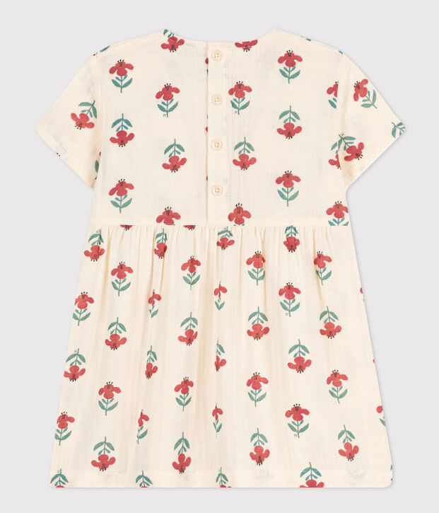 Babies' Short-Sleeved Cotton Gauze Patterned Dress Ecru/multicolor