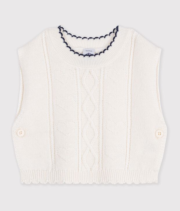 Babies' sleeveless wool and cotton knit jumper. white