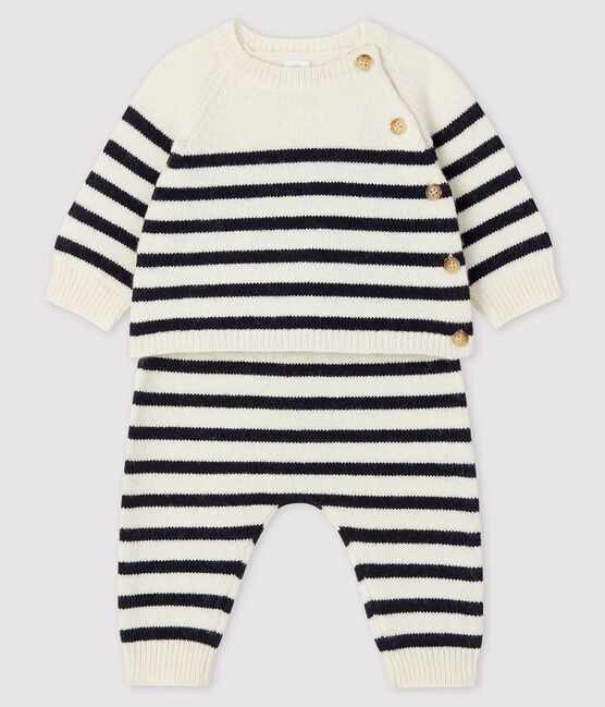 Babies' Stripy Wool Knit Clothing - 2-Piece Set MARSHMALLOW white/SMOKING blue