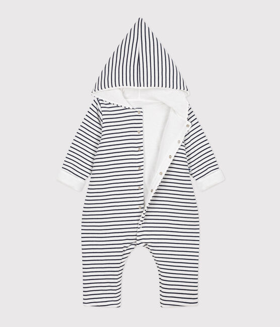 Babies' Quilted Cotton Hooded Jumpsuit MARSHMALLOW white/SMOKING blue