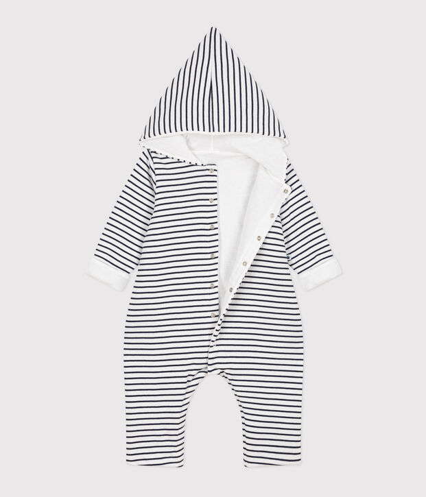 Babies' Quilted Cotton Hooded Jumpsuit white/blue
