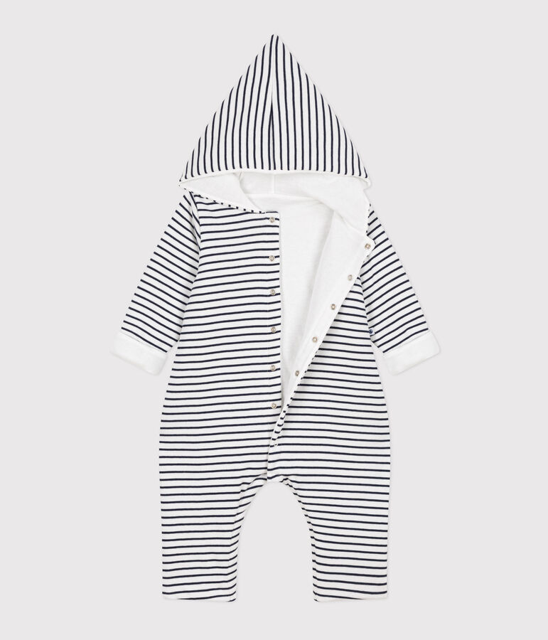 Babies' Quilted Cotton Hooded Jumpsuit white/blue