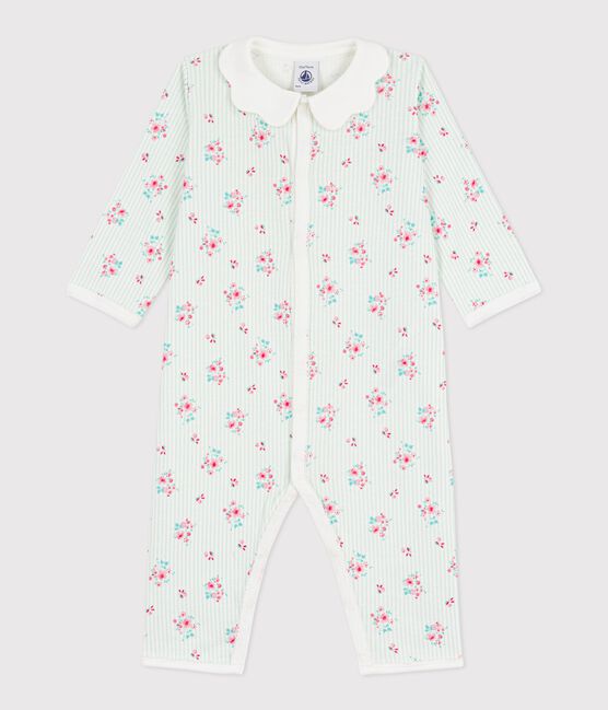 Babies' footless floral-print cotton pyjama suit with a collar MARSHMALLOW white/MULTICO white