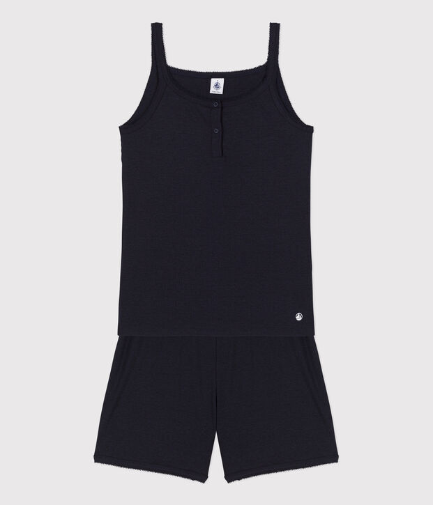 Women's Plain Cotton and Lyocell Short Pyjamas with Straps blue