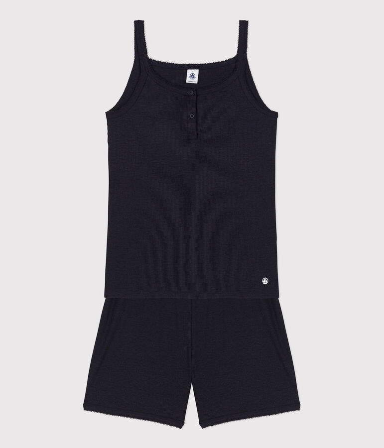 Women's Plain Cotton and Lyocell Short Pyjamas with Straps blue