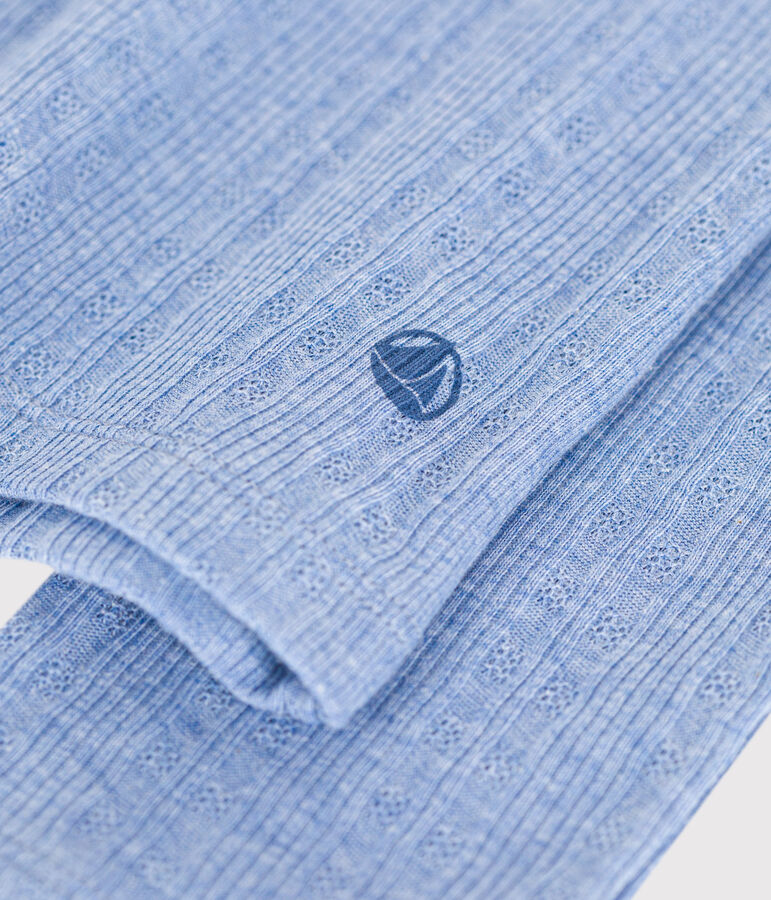 Women's plain drop needle rib knit t-shirt with long sleeves and a grandad neckline blue