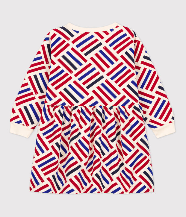 Girls' Long-Sleeved Patterned Fleece Dress Ecru/multicolor