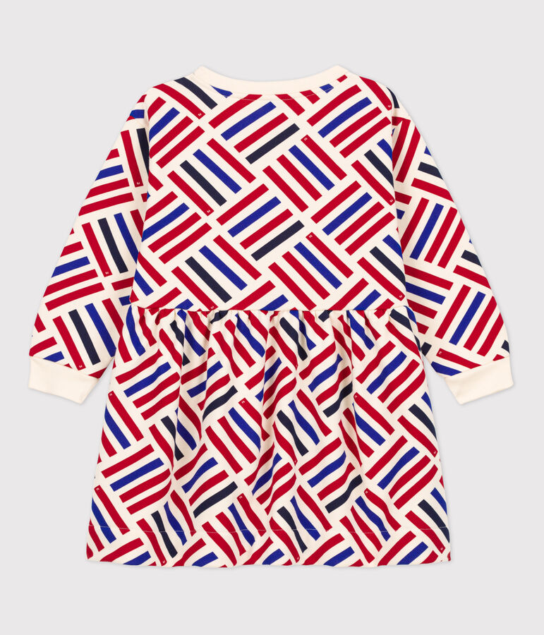 Girls' Long-Sleeved Patterned Fleece Dress Ecru/multicolor