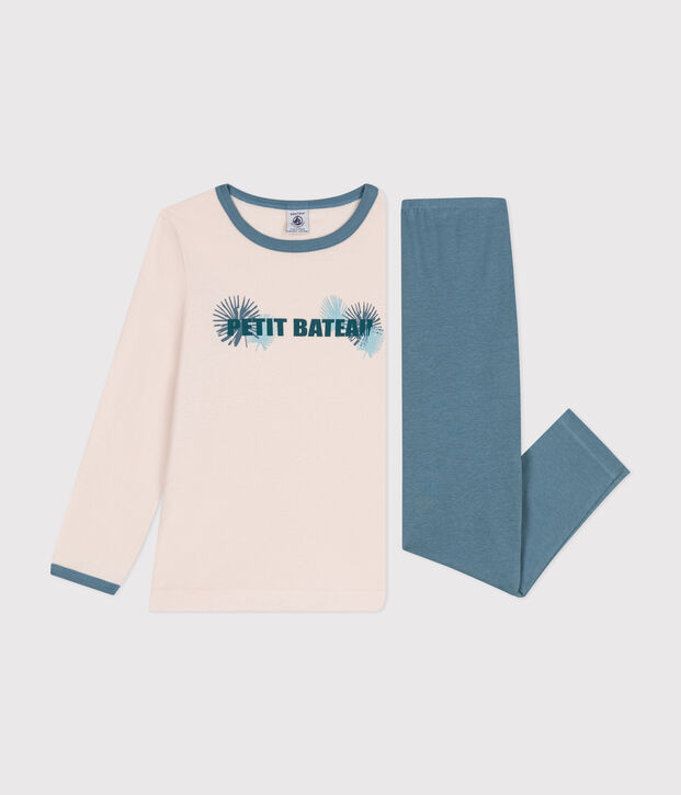 Girls' long-sleeved cotton pyjamas beige/blue