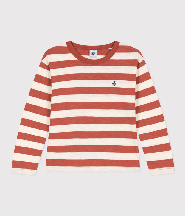 Boys' long-sleeved cotton T-shirt brown/ecru