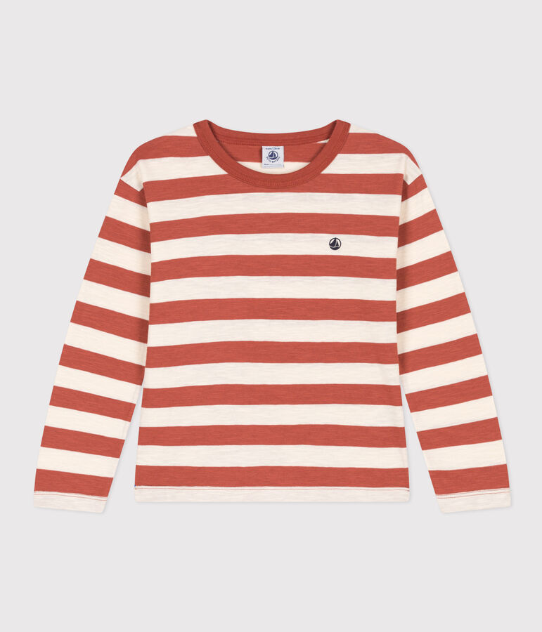 Boys' long-sleeved cotton T-shirt brown/ecru