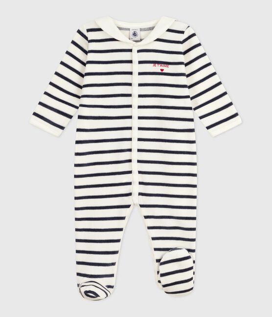 Babies' stripy velour pyjama suit MARSHMALLOW white/SMOKING blue